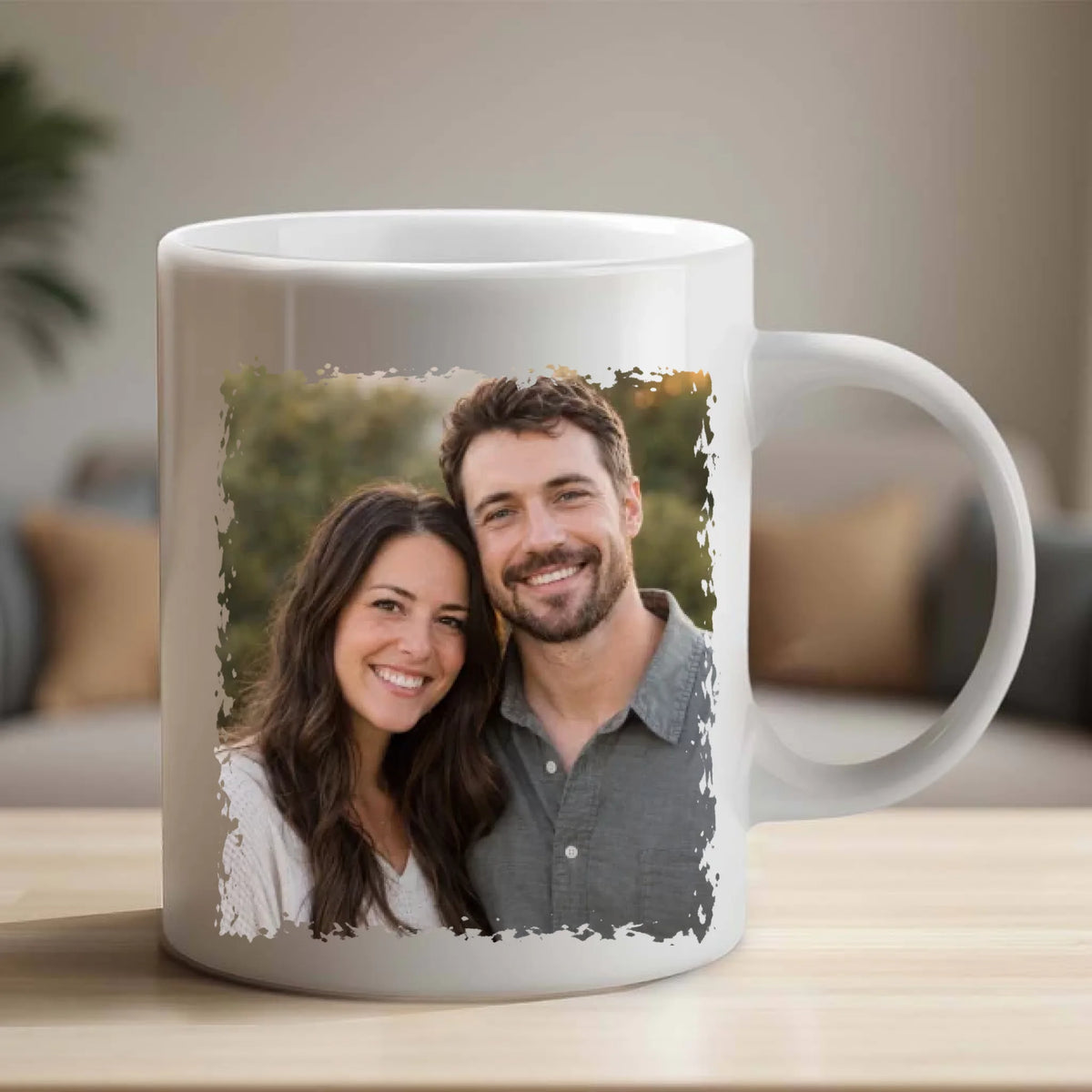 Photo side of an 11 oz personalized couple mug with a large distressed rectangular photo