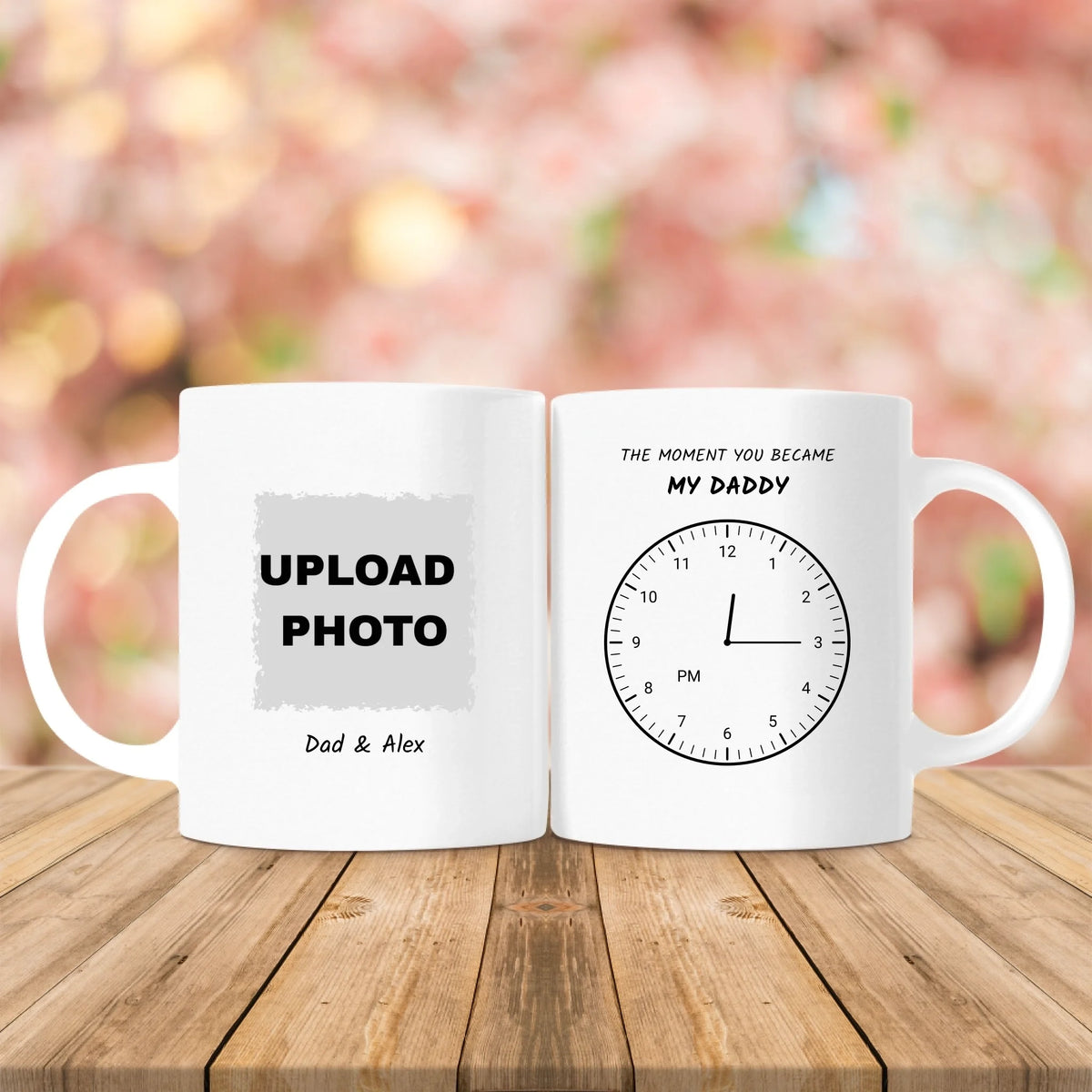 Front and back of one personalized 11 oz Dad mug with a distressed photo, custom names, and birth-time clock