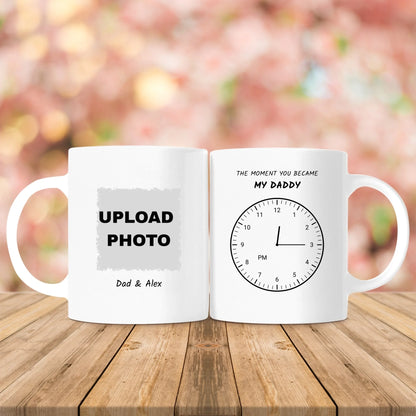 Front and back of one personalized 11 oz Dad mug with a distressed photo, custom names, and birth-time clock