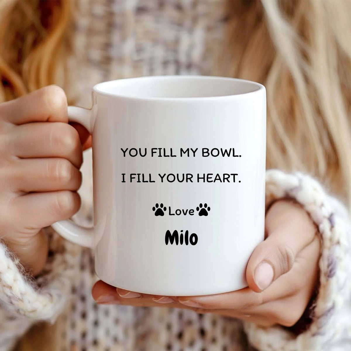 Personalized 11 oz pet mug with playful message, paw prints, and custom pet name