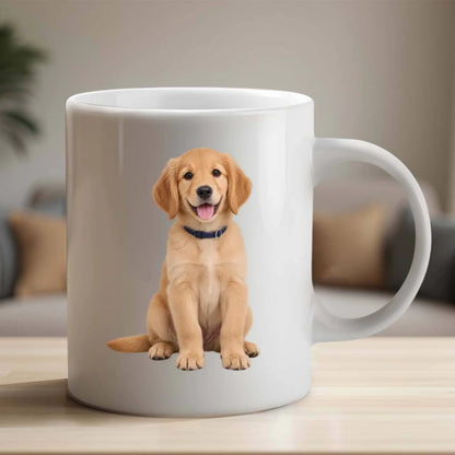 White 11 oz custom pet photo mug featuring a golden retriever cutout