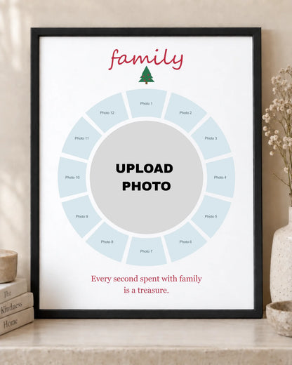 Black framed 8 x 10 family photo collage showing thirteen customizable photo sections