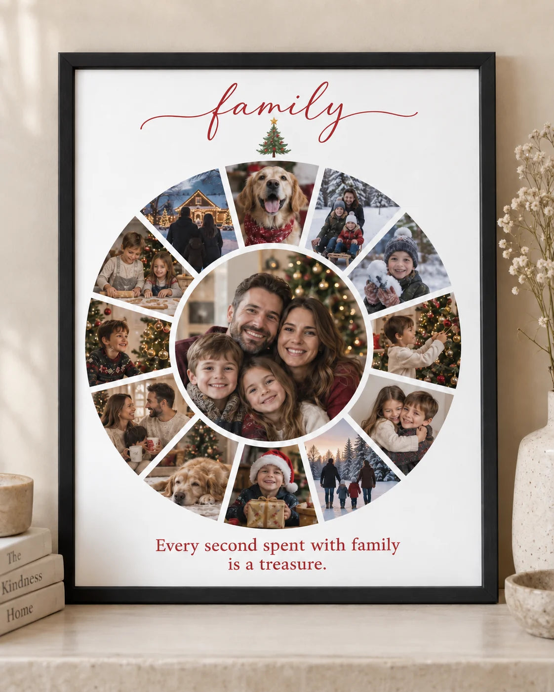 Personalized 8 x 10 family photo collage in a black frame with example family photos