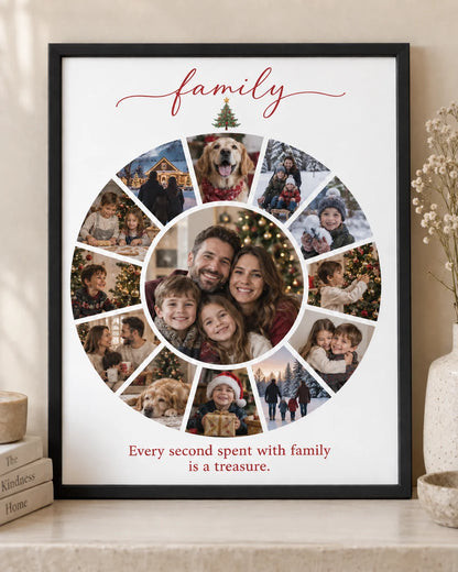 Personalized 8 x 10 family photo collage in a black frame with example family photos