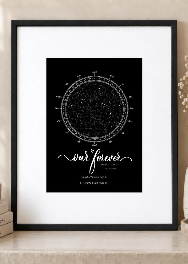 Personalized 5 x 7 star-map print in an 8 x 10 black frame with a white mat