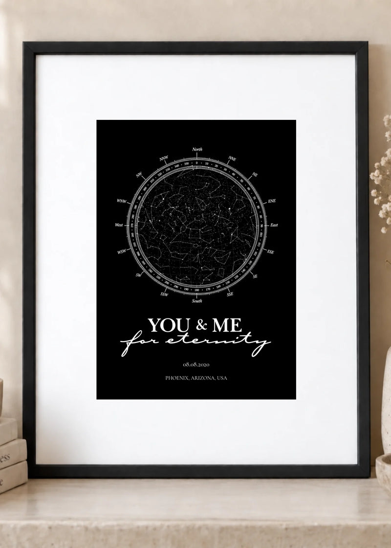 You and Me for Eternity 5 x 7 star map in an 8 x 10 black frame with white mat