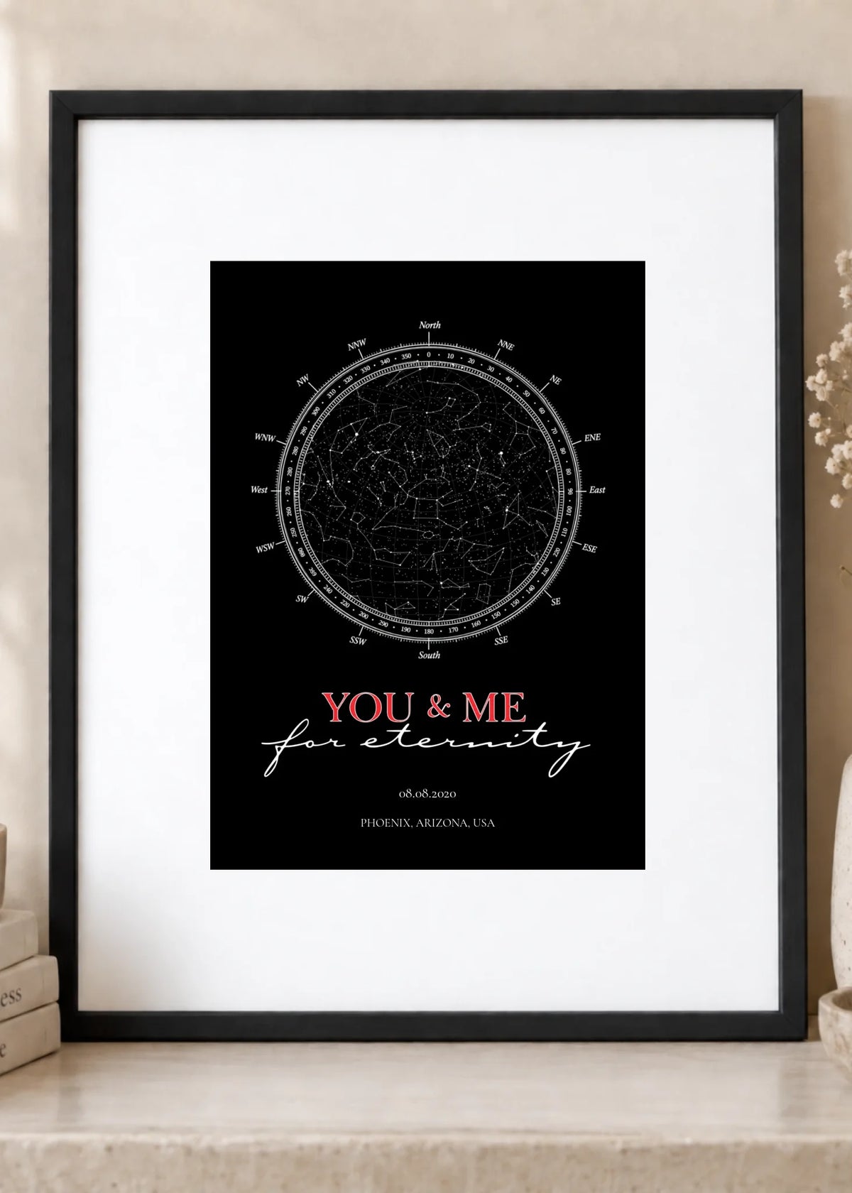You and Me for Eternity outlined lettering star map — 5 x 7 print in an 8 x 10 black frame with white mat