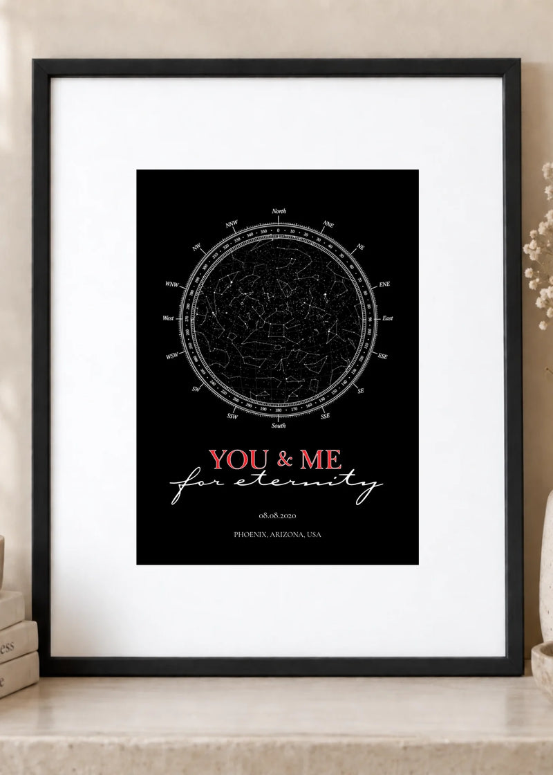 You and Me for Eternity outlined lettering star map — 5 x 7 print in an 8 x 10 black frame with white mat