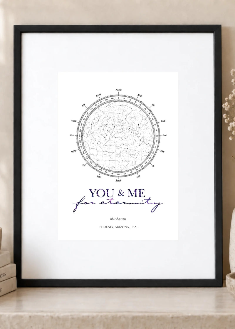White edition You and Me for Eternity 5 x 7 star map in an 8 x 10 black frame with white mat