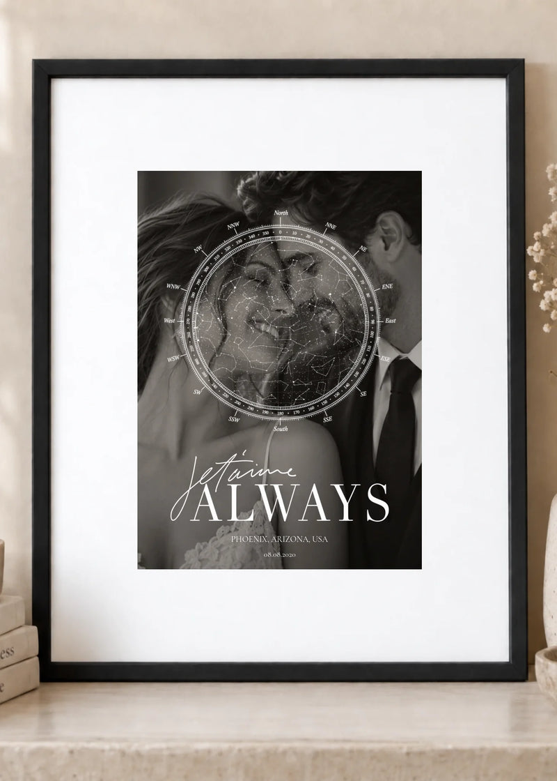 Je taime Always personalized photo star map — 5 x 7 print in an 8 x 10 black frame with white mat