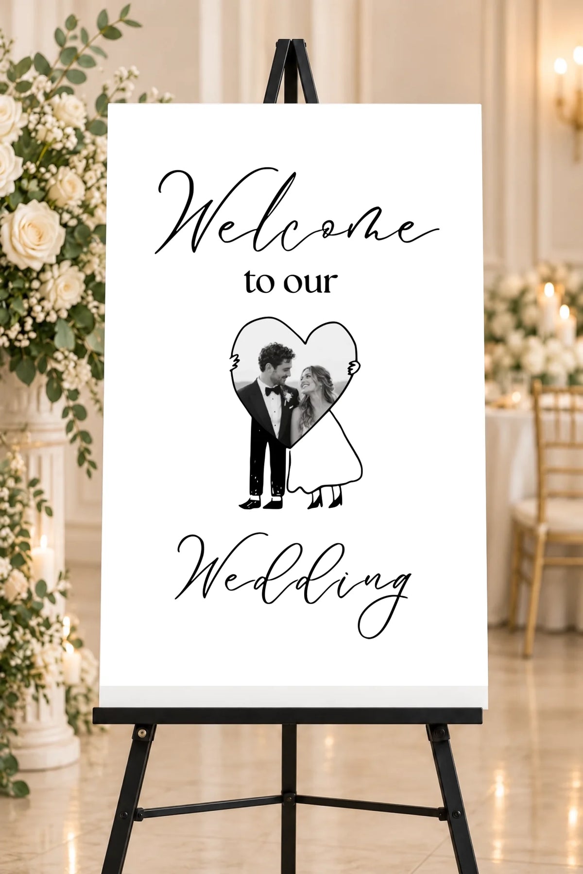 Personalized 24 x 36 foam board wedding welcome sign with black lettering and couple photo inside heart; easel not included
