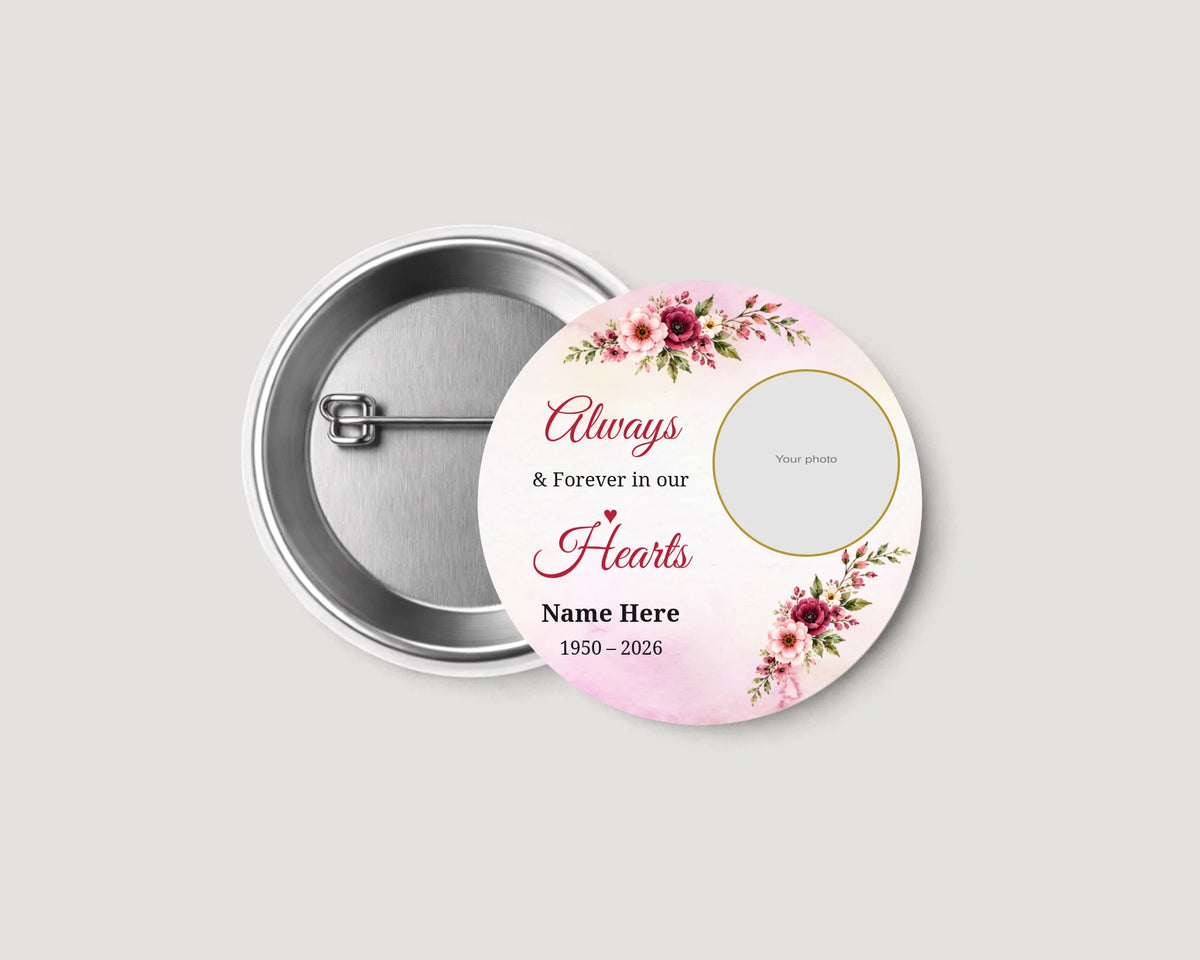 Edge-to-edge pink floral 2.25 inch memorial pinback button with photo, name and years; no outer white rim