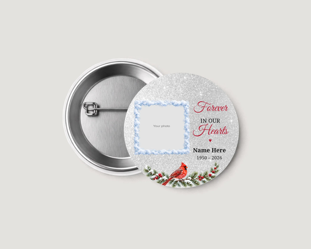 Personalized silver cardinal memorial button, 2.25 inch, edge-to-edge design