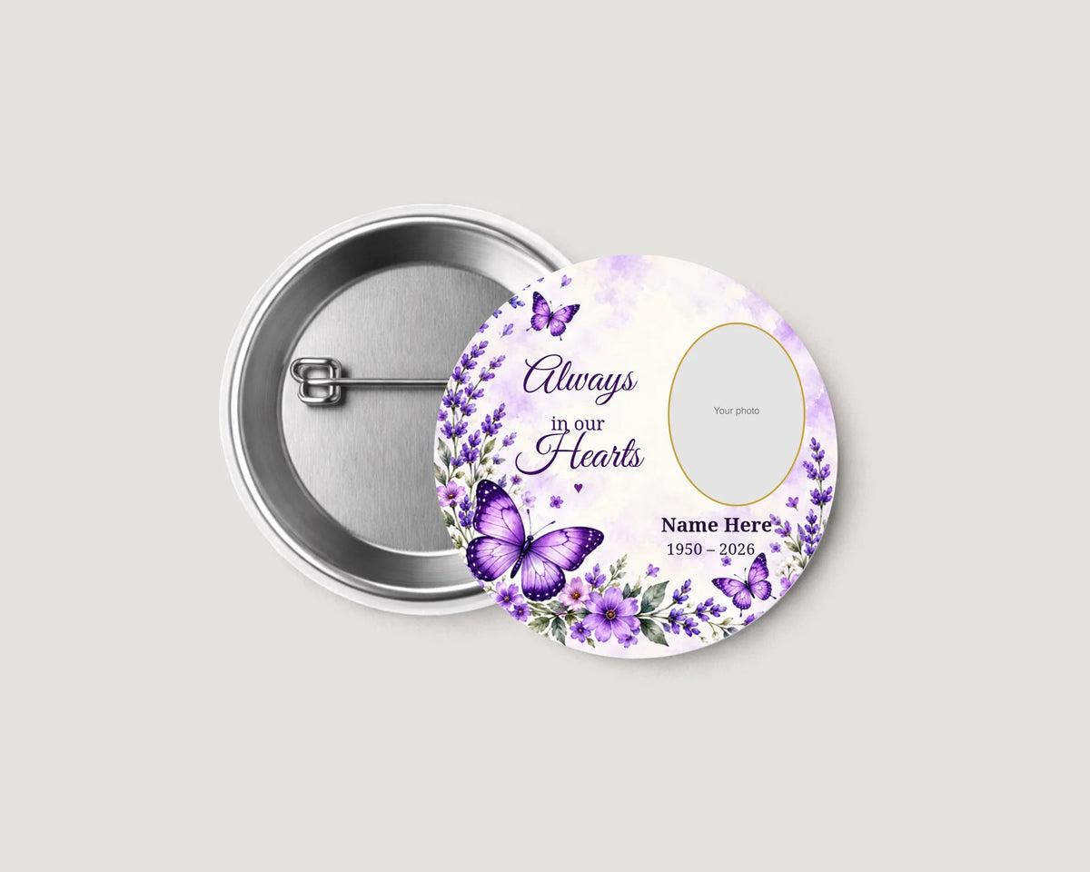 Purple butterfly personalized memorial pinback button, 2.25 inch