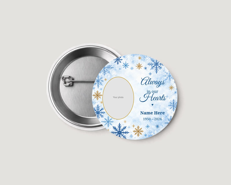Always in Our Hearts — Blue Snowflakes personalized 2.25-inch memorial button