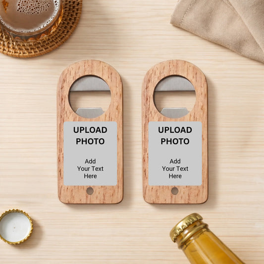 Custom arch-top wooden bottle opener with handle, UV printed personalized gift, made in Phoenix Arizona by Outta PHX Print Shop