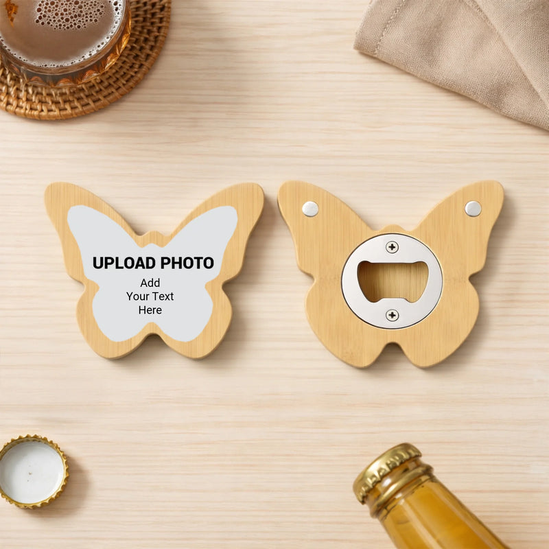Custom butterfly shaped magnetic bottle opener with high-gloss vibrant photo print, personalized metal refrigerator magnet made in Phoenix Arizona.