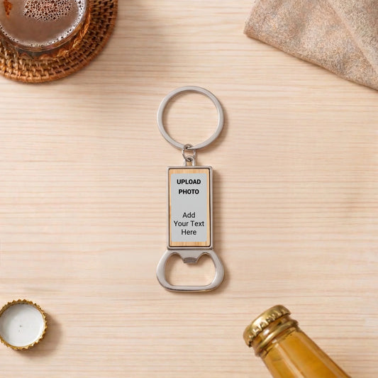 Custom small bamboo bottle opener keychain with UV printed personalized design, compact gift made in Phoenix Arizona by Outta PHX
