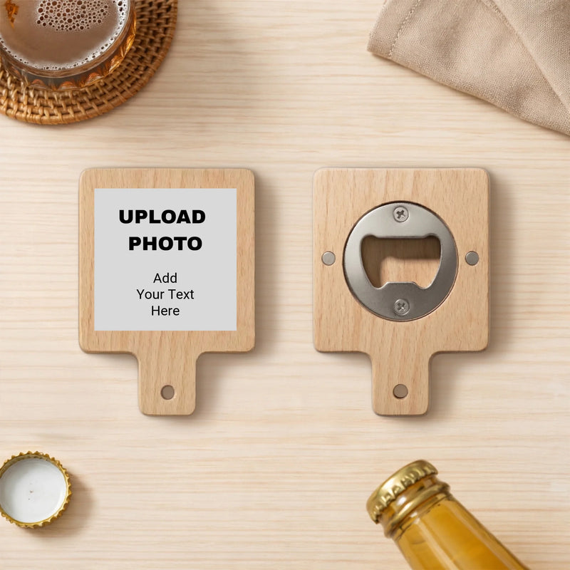 Custom square bamboo bottle opener with handle and full color UV printed logo made in Phoenix Arizona