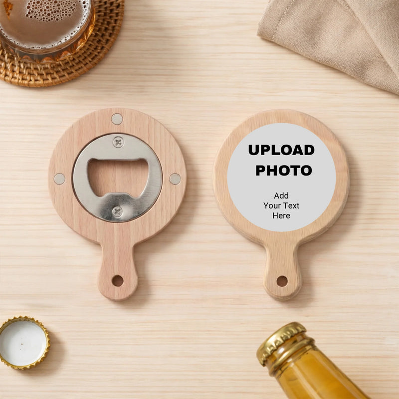 Custom round bamboo bottle opener with handle and UV printed design made in Phoenix Arizona
