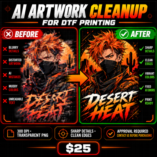 Before-and-after AI artwork cleanup showing blurry artwork corrected into a sharp, DTF print-ready design.