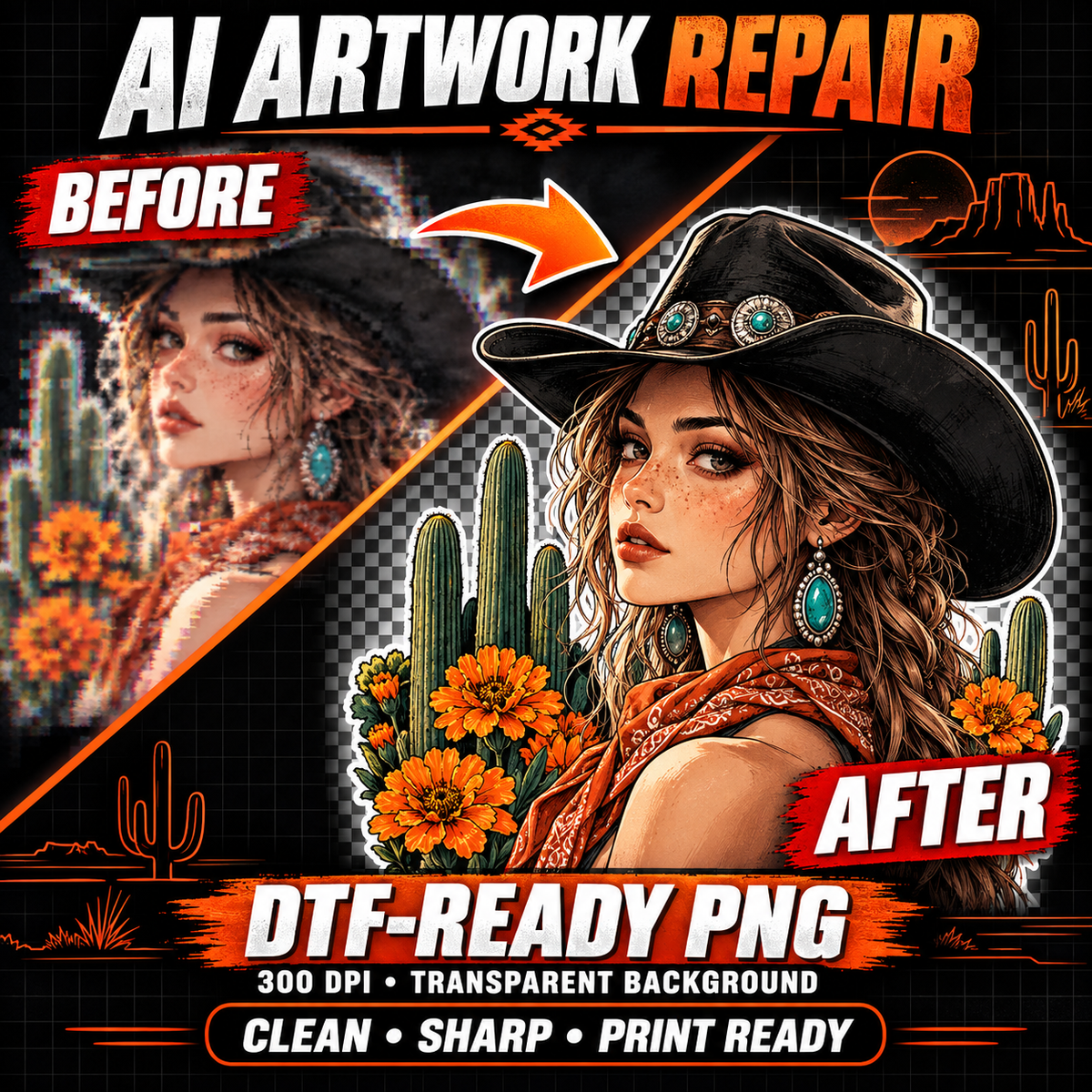 Before-and-after AI artwork repair showing a blurry cowgirl design cleaned into a sharp, transparent DTF-ready PNG.