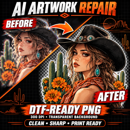 Before-and-after AI artwork repair showing a blurry cowgirl design cleaned into a sharp, transparent DTF-ready PNG.