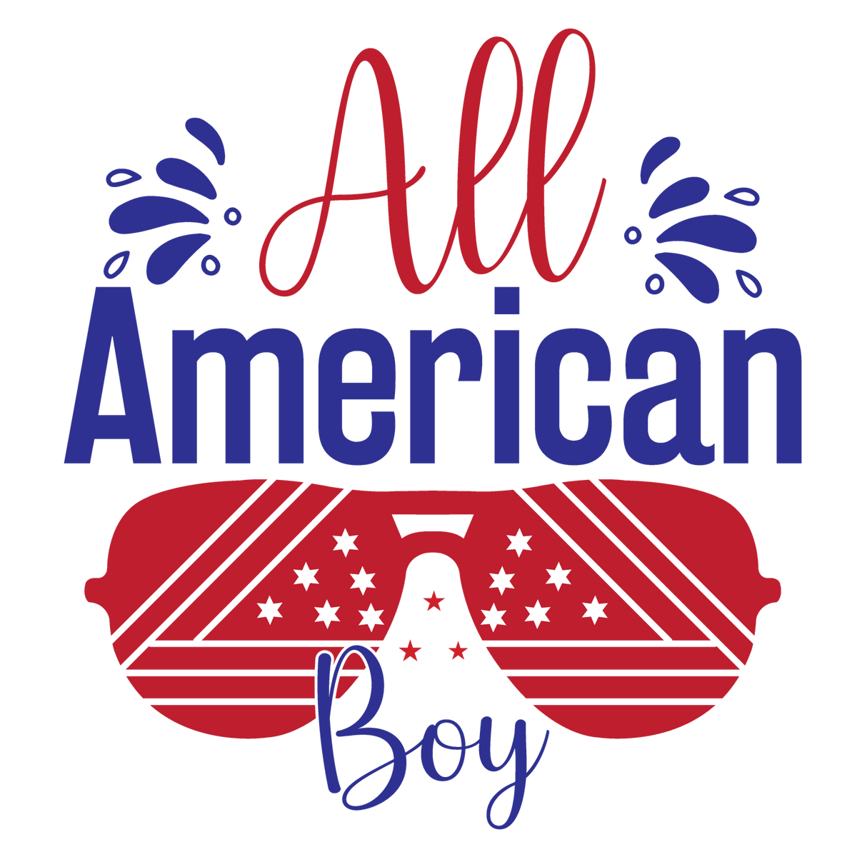 All American Boy lettering with red patriotic flag sunglasses.