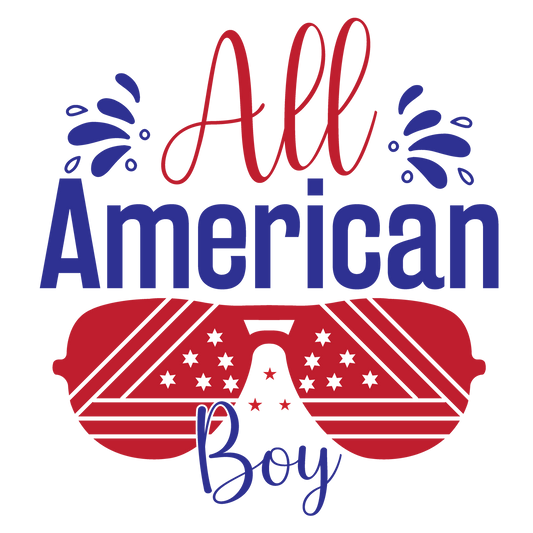 All American Boy lettering with red patriotic flag sunglasses.
