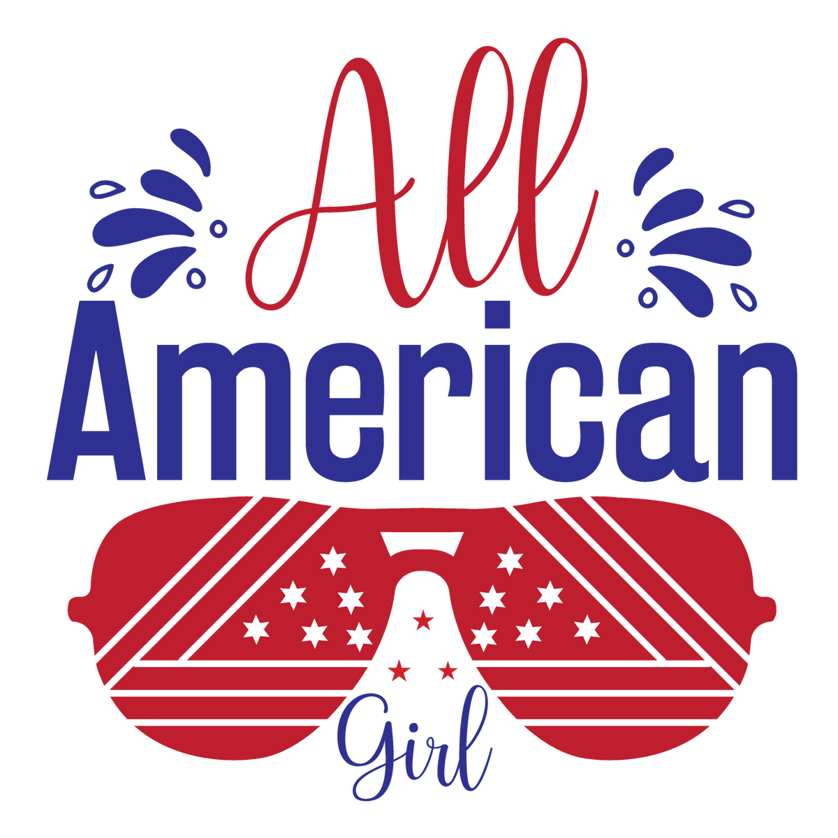All American Girl patriotic lettering beneath red flag sunglasses.
