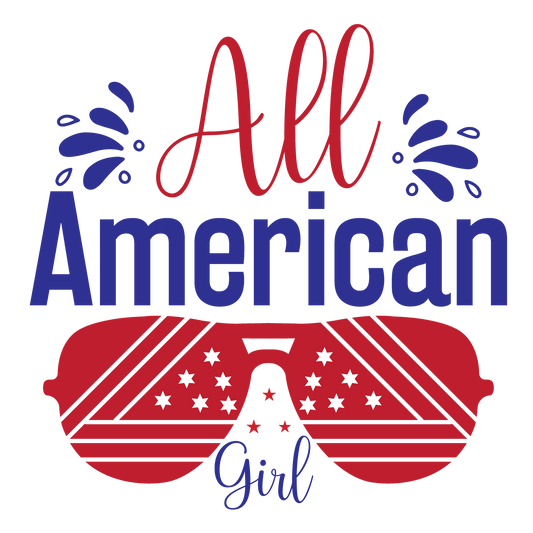 All American Girl patriotic lettering beneath red flag sunglasses.