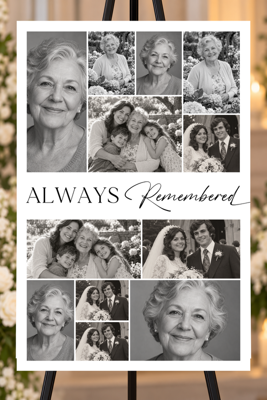 Always Remembered personalized memorial foam board, 12 photo collage, 24x36 portrait, shown on an easel with example photos