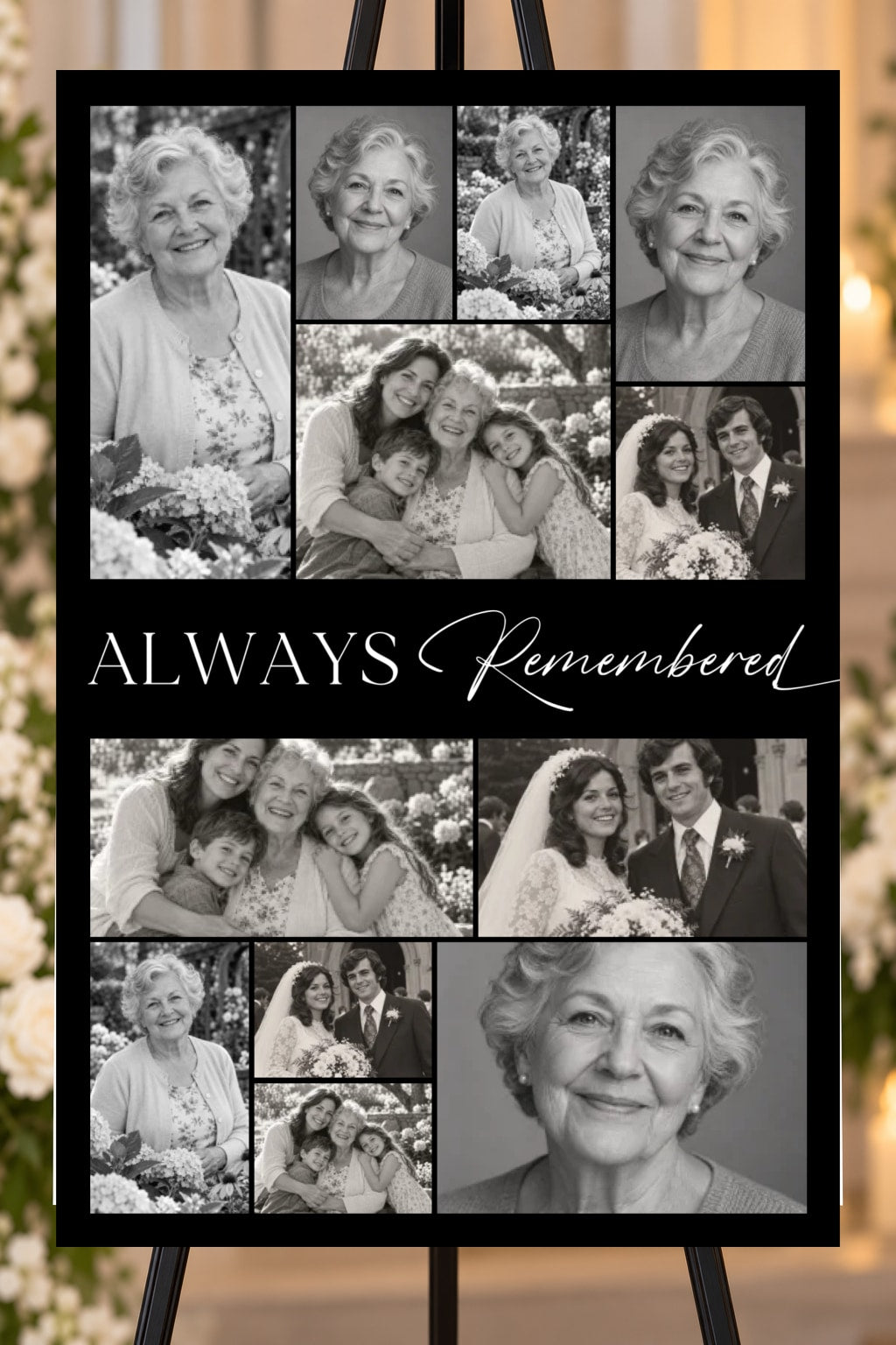 Always Remembered black memorial foam board, 12 photo collage, 24 by 36 inches, shown on an easel with sample photos
