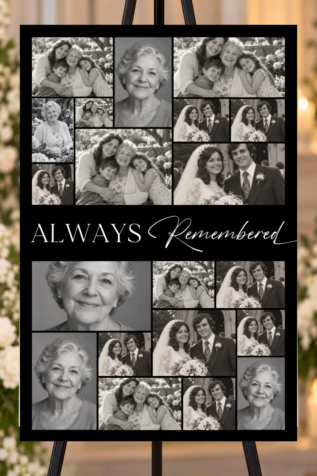 Always Remembered black memorial foam board, 20 photo collage, 24 by 36 inches, shown on an easel with sample photos