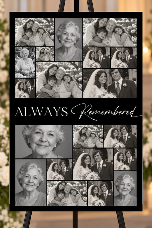 Always Remembered black memorial foam board, 20 photo collage, 24 by 36 inches, shown on an easel with sample photos