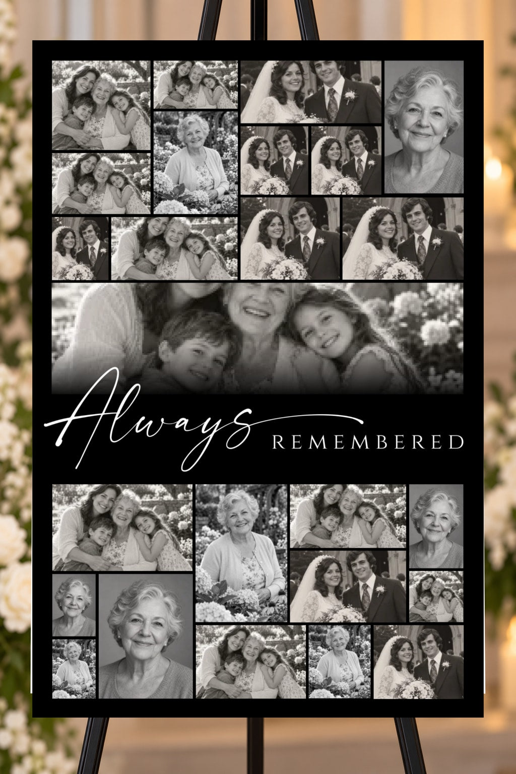 Always Remembered black memorial foam board, 25 photo collage, 24 by 36 inches, shown on an easel with sample photos
