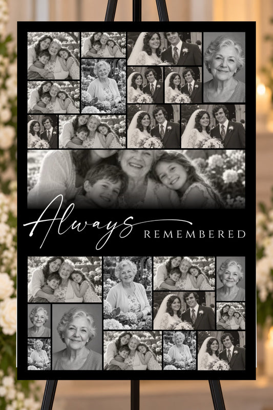 Always Remembered black memorial foam board, 25 photo collage, 24 by 36 inches, shown on an easel with sample photos