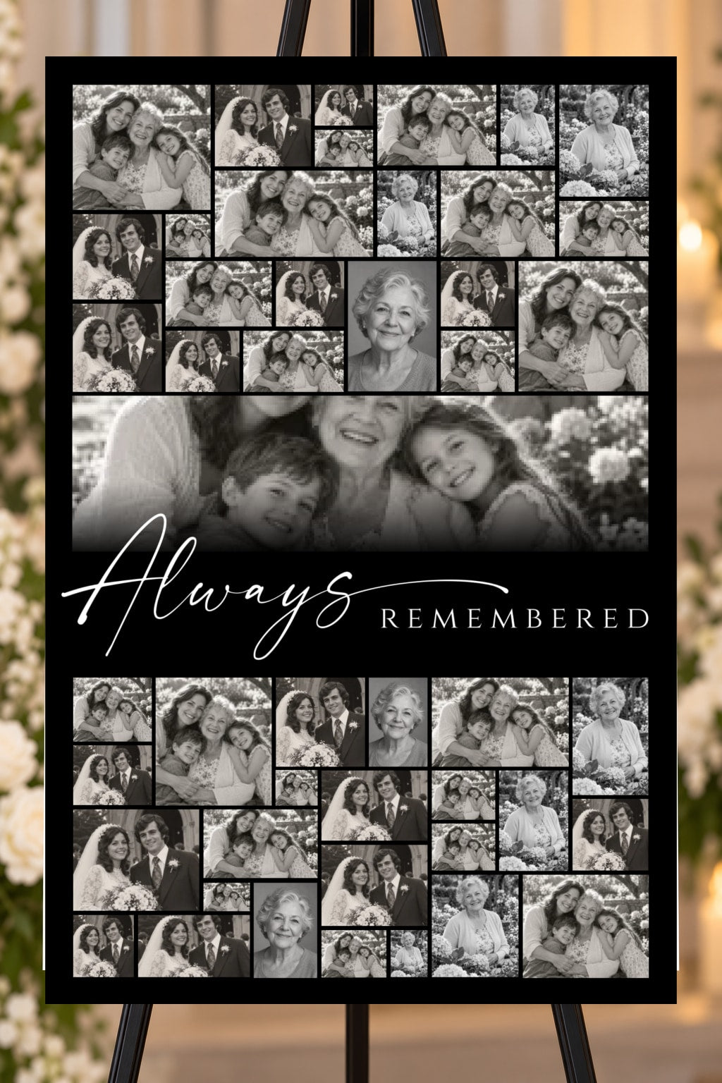 Always Remembered black memorial foam board, 47 photo mosaic, 24 by 36 inches, shown on an easel with sample photos