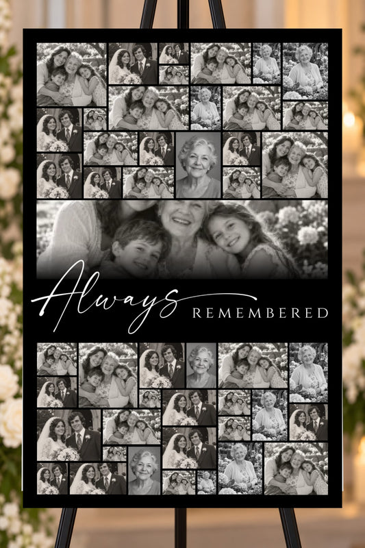 Always Remembered black memorial foam board, 47 photo mosaic, 24 by 36 inches, shown on an easel with sample photos