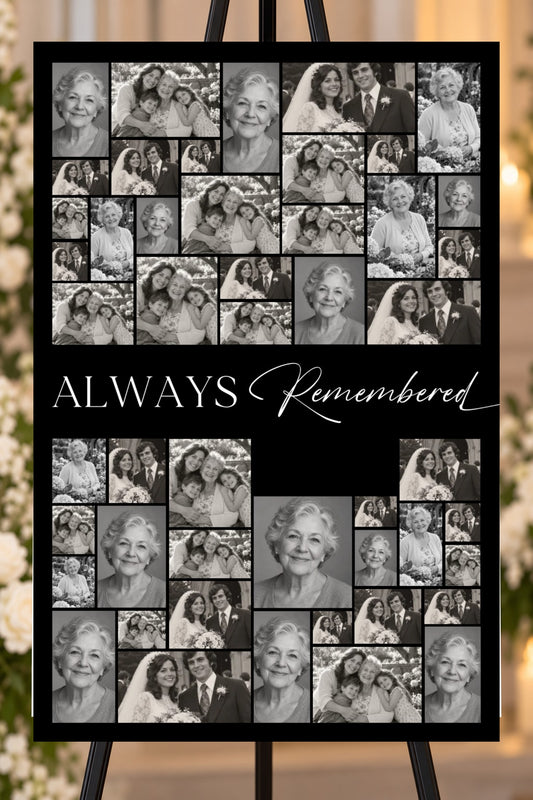 Always Remembered black memorial foam board, 49 photo collage, 24 by 36 inches, shown on an easel with sample photos
