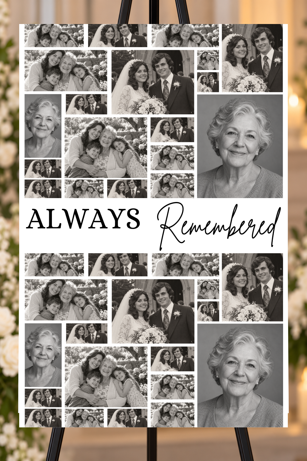 Always Remembered personalized memorial foam board, mosaic memories, 24x36 portrait, shown on an easel with example photos