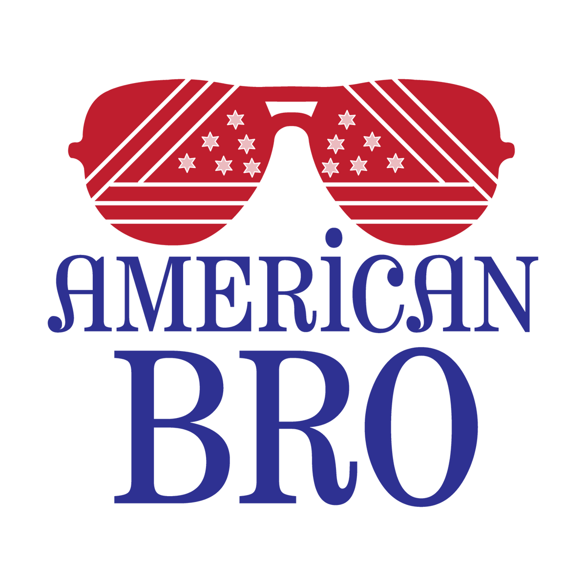American Bro navy lettering beneath red patriotic flag sunglasses.