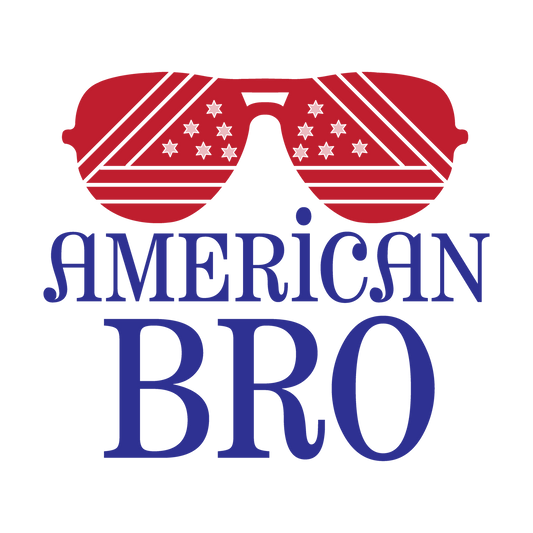 American Bro navy lettering beneath red patriotic flag sunglasses.