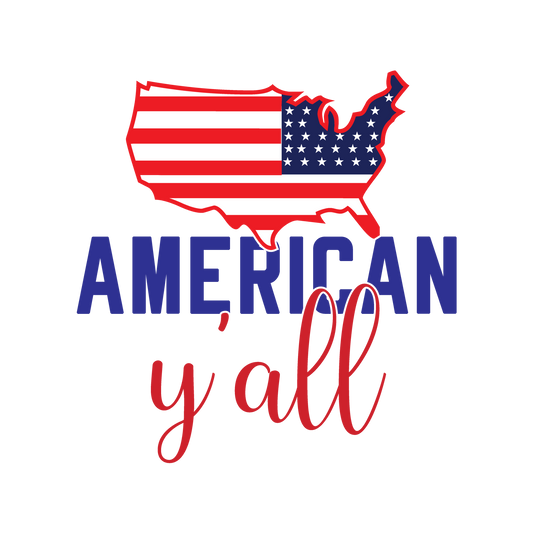 American Y'all lettering with a red and navy flag-pattern USA silhouette.