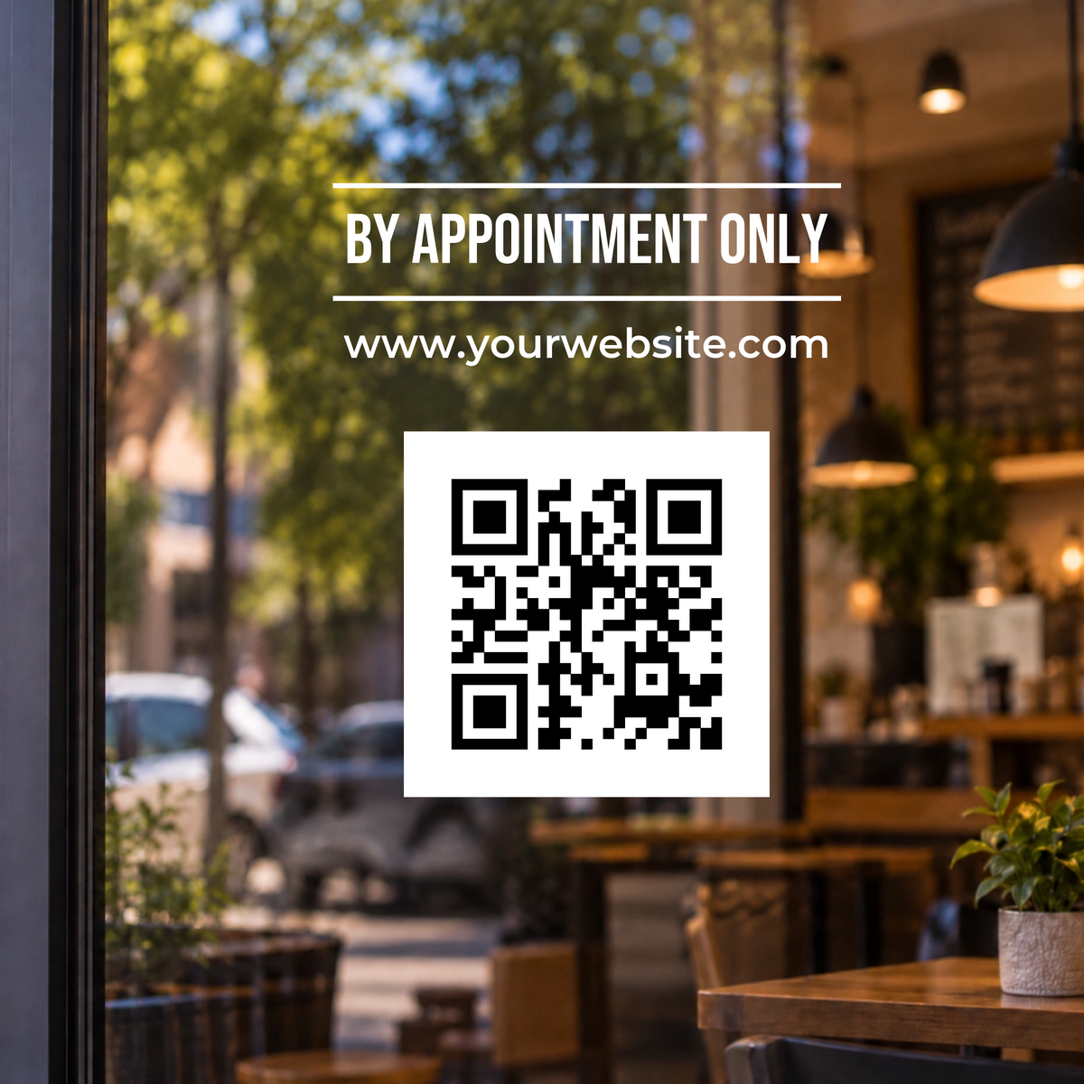 Black QR on opaque white vinyl panel with appointment window lettering