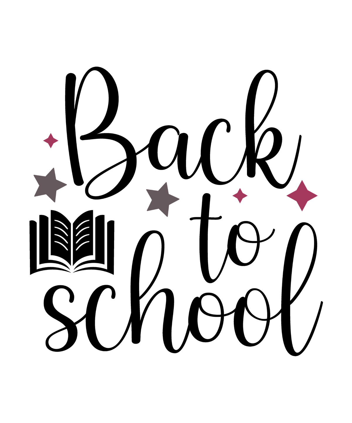 Black Back to School script with an open book and berry and gray stars, ready-to-press DTF transfer.