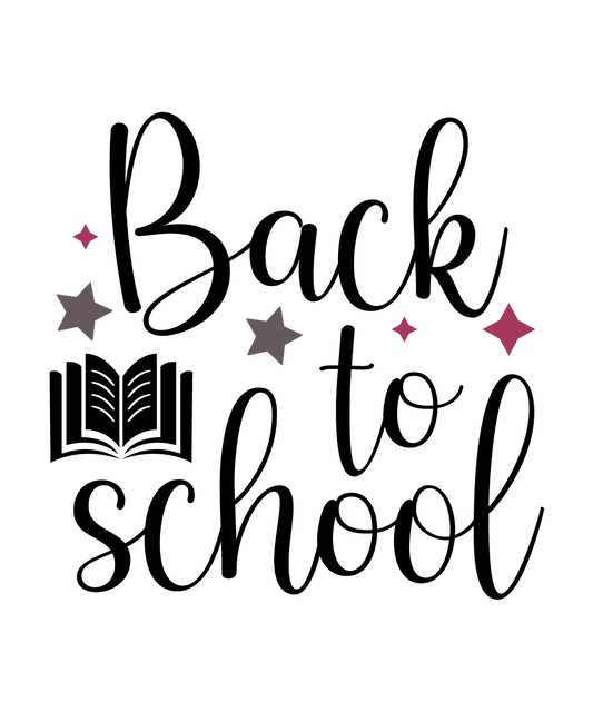 Black Back to School script with an open book and berry and gray stars, ready-to-press DTF transfer.
