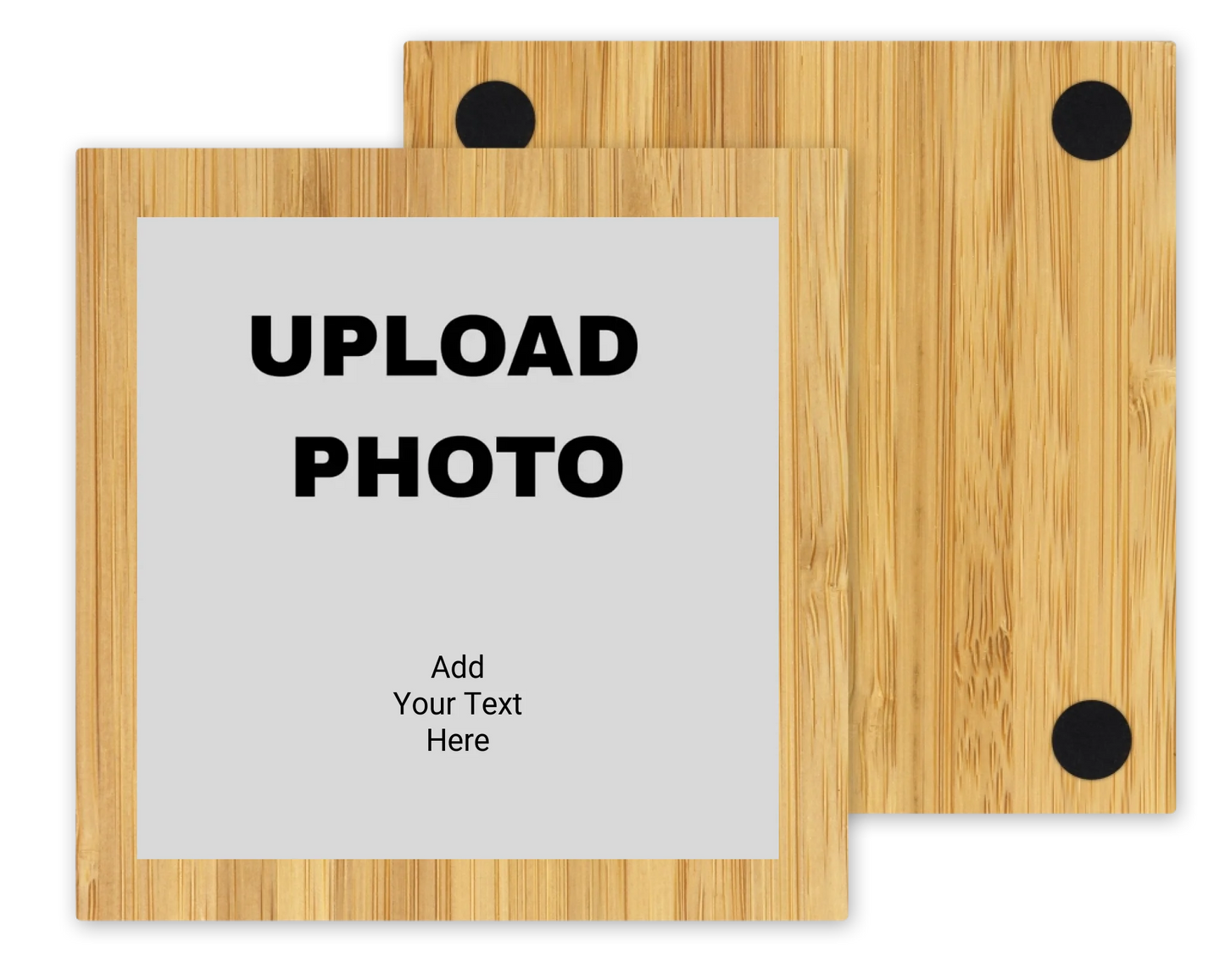Main Image: Custom square bamboo coaster with personalized color photo UV printed on the surface.

Back Image: Underside of a square bamboo coaster showing four black non-slip foam feet for furniture protection.