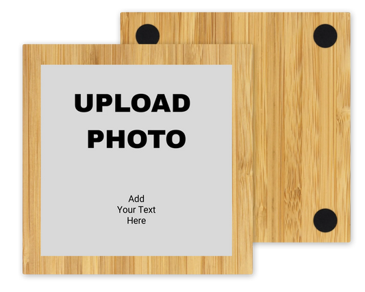 Main Image: Custom square bamboo coaster with personalized color photo UV printed on the surface.

Back Image: Underside of a square bamboo coaster showing four black non-slip foam feet for furniture protection.