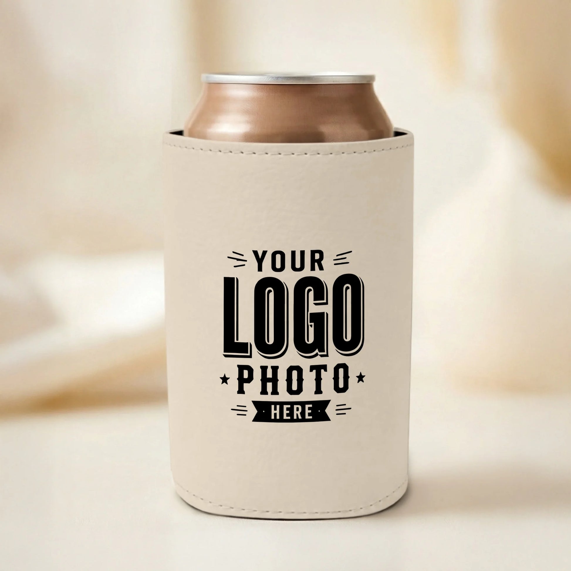 Custom beige leatherette can cooler with UV printed logos, names, photos, and artwork for weddings, corporate gifts, events, golf tournaments, and promotional marketing.